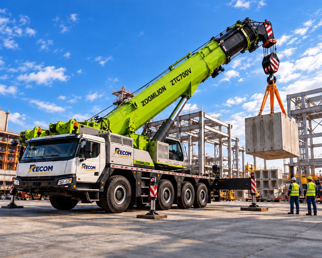 Guindaste da Recom içando bloco pré-moldado em pátio industrial