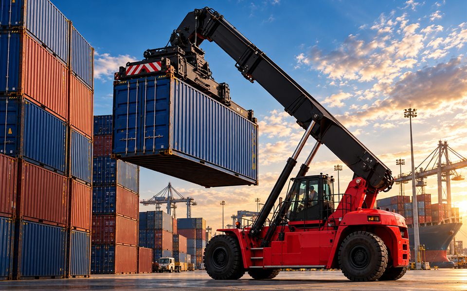 Reach stacker movimentando contêiner em pátio de armazenagem portuário