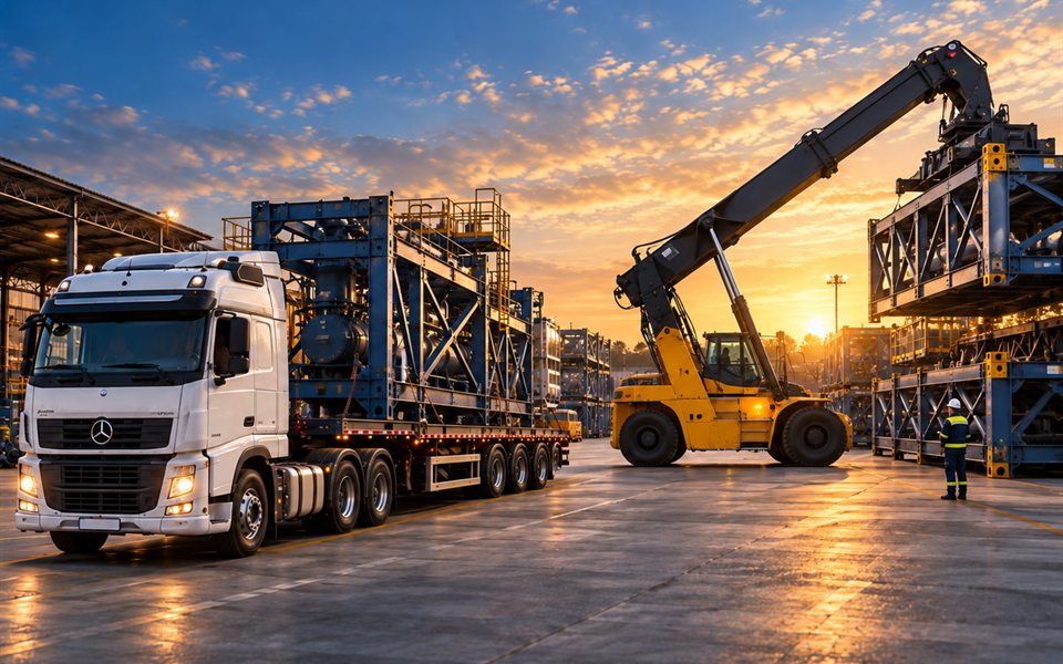 Carreta transportando estrutura de componentes eólicos em pátio logístico ao entardecer