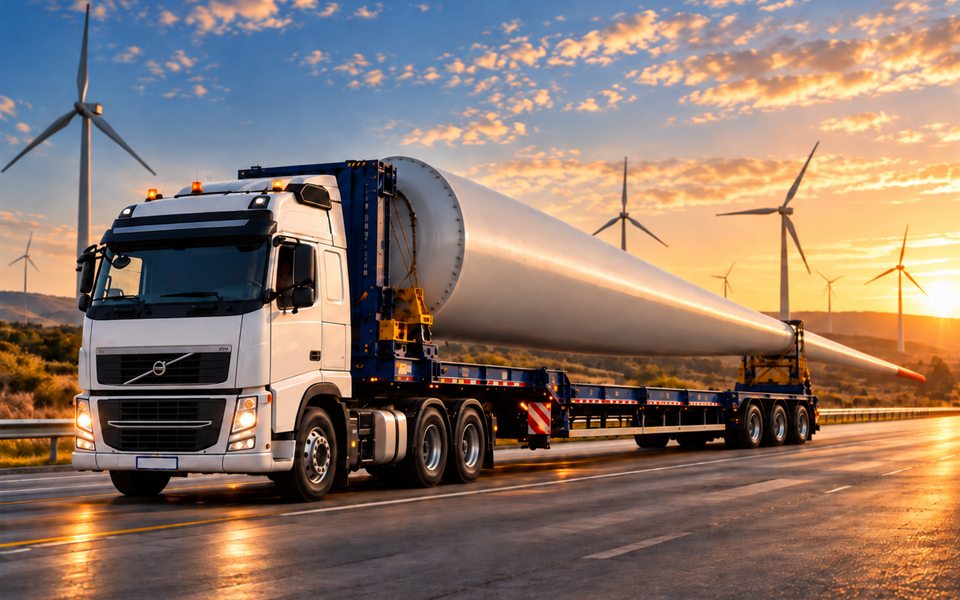 Carreta extensiva transportando pá eólica em rodovia, com aerogeradores ao fundo