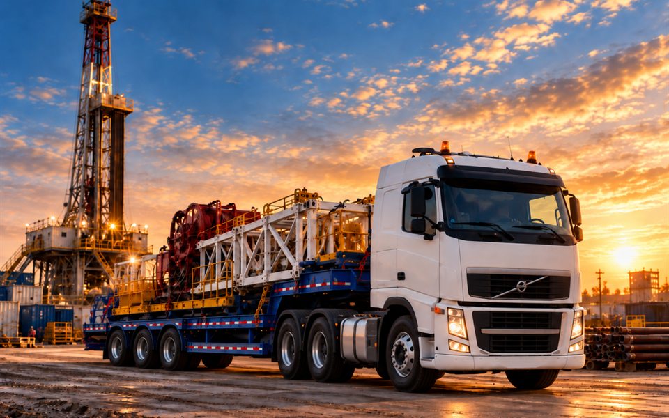 Carreta transportando equipamento de perfuração com torre de sonda de petróleo ao fundo